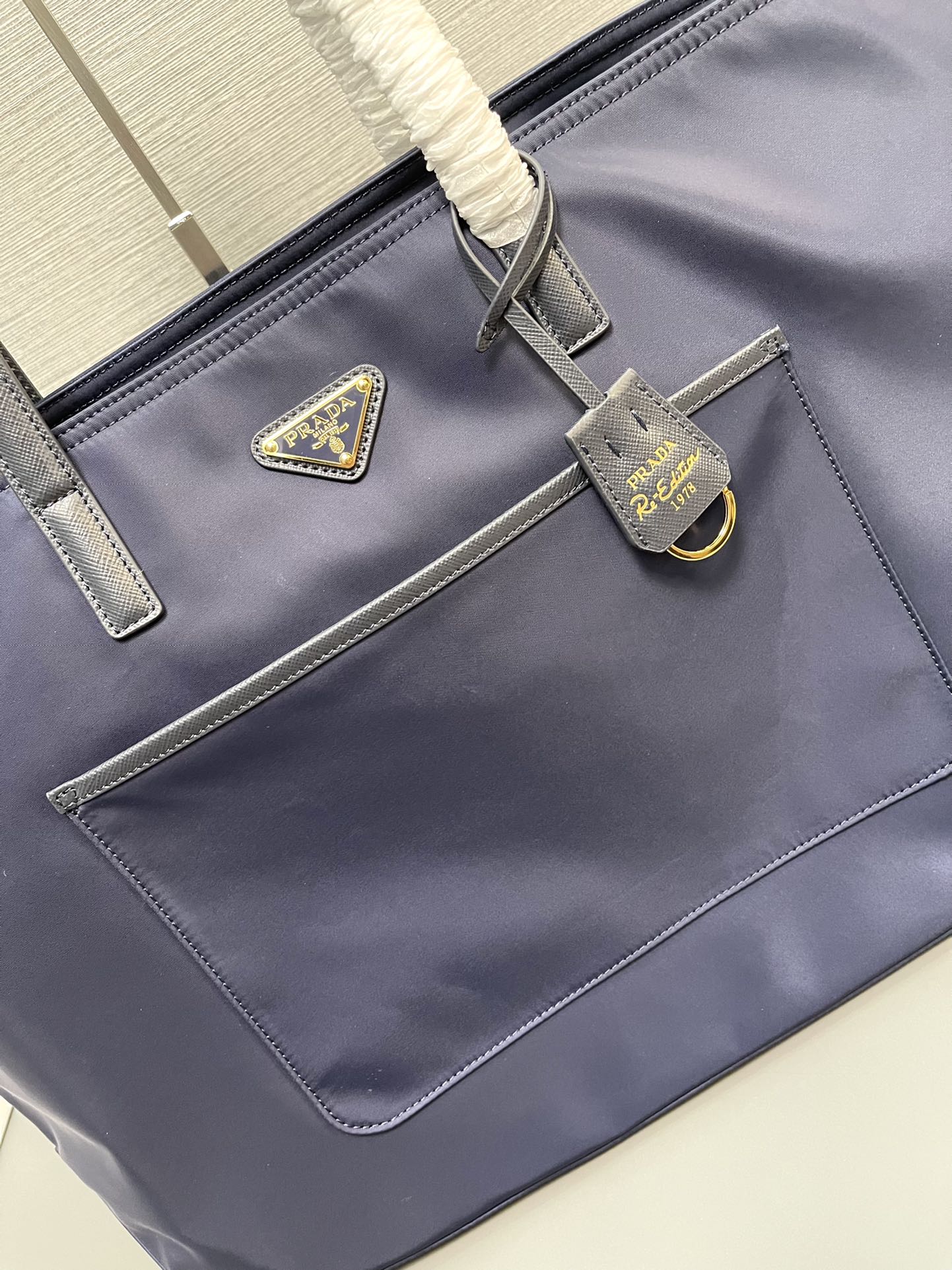 Prada Large Re Edition 1978 Re Nylon And Saffiano Leather Tote Bag Navy 1BG527